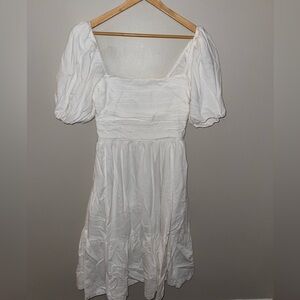 White Abercrombie Emerson Linen-Blend Puff Sleeve Midi Dress-White size medium